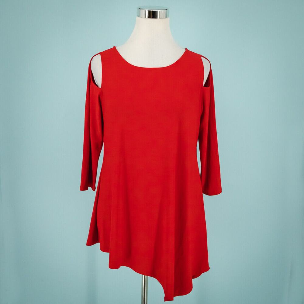 IC by Connie K Size Small S Red Crew 3/4 Sleeve Asymmetrical Cut Out Tunic Top